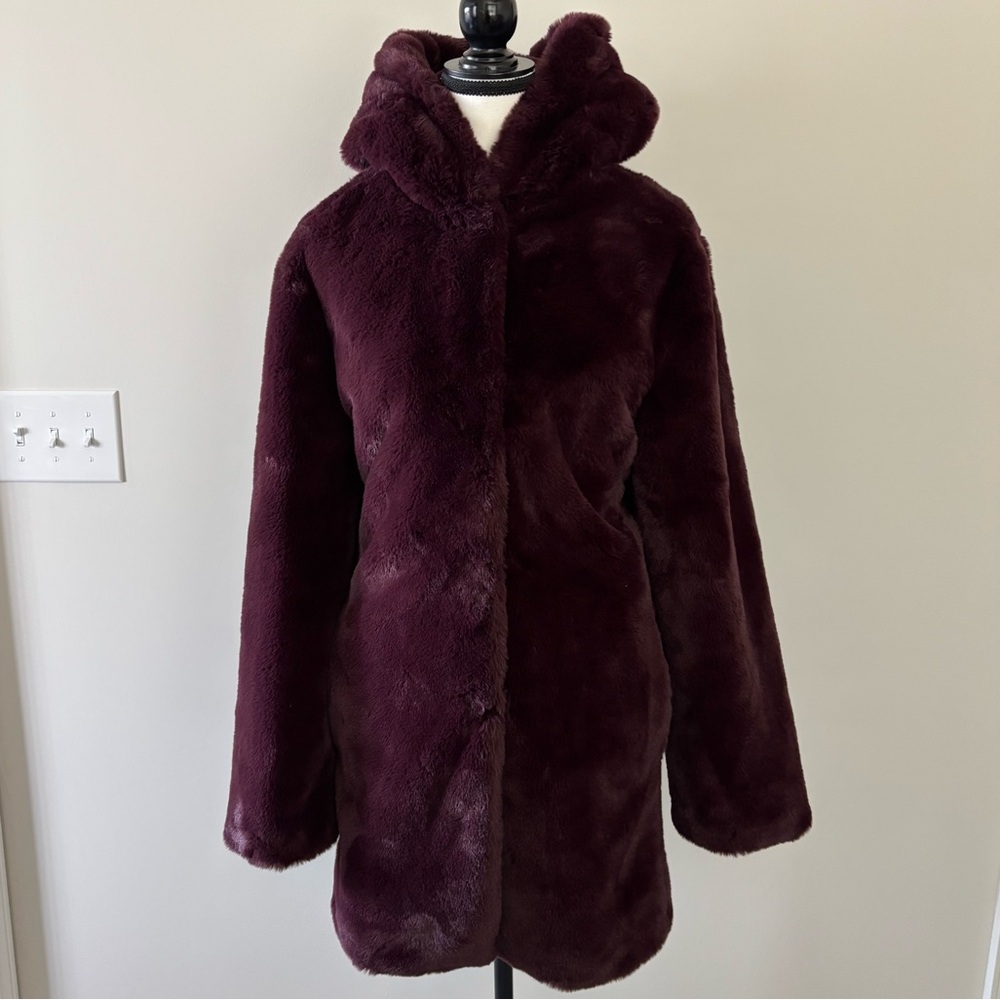 DKNY Plush Faux Fur Hooded Coat in Deep Burgundy